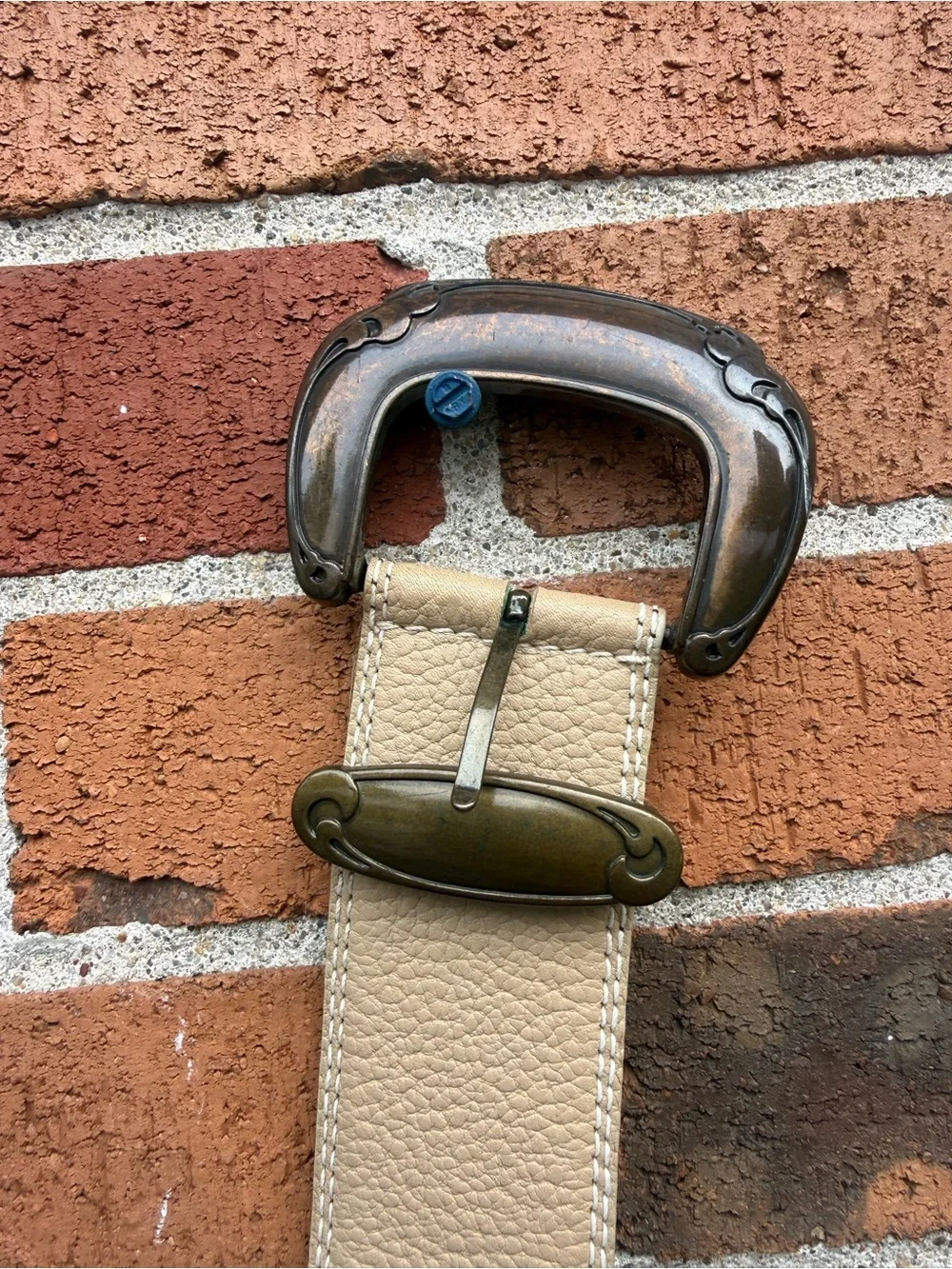 Vintage 1987 Liz Claiborne Cream Brown Statement Belt Oversized Buckle